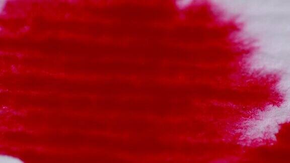 在白色的微距背景上在羊皮纸上喷洒红色的血液溅有水和颜色的红墨水