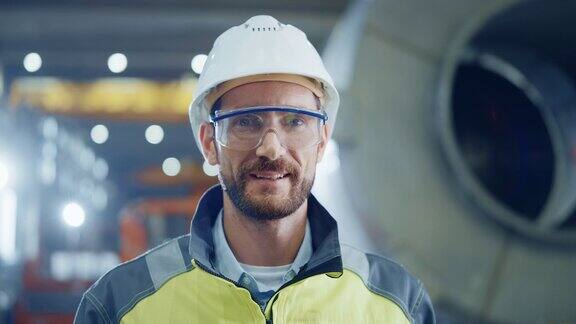 身穿安全制服、护目镜和安全帽的专业重工业工程师工人的微笑肖像在背景中未聚焦的大型工业工厂