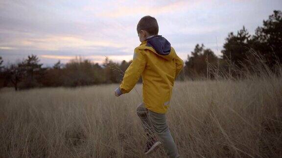 小男孩在大自然的草地上奔跑