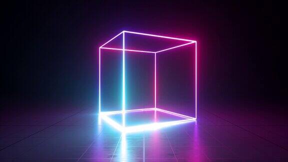 3d霓虹立方体从粉红色变成蓝色旋转旋转在黑暗的房间循环动画
