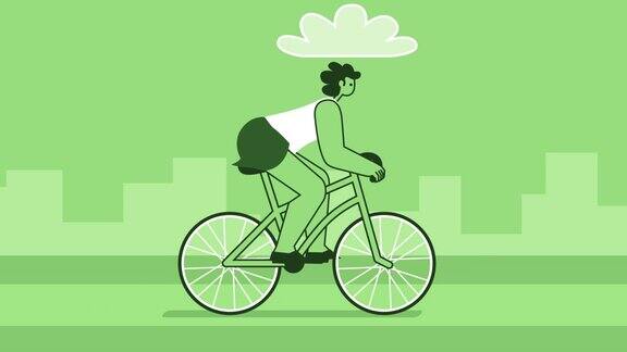 绿色画风动画：骑自行车的女子