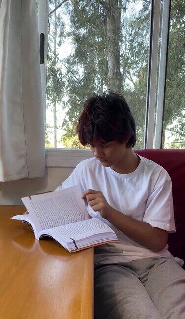 一个十几岁的男孩在家里看书数字排毒