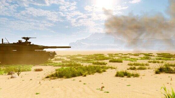 沙漠中央的一辆军用坦克向敌人目标射击军队的特别行动