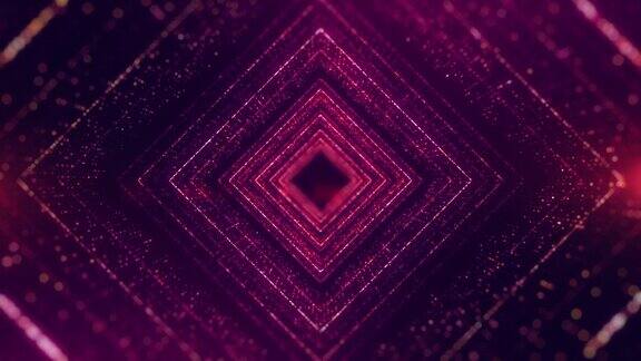 隧道无缝循环发光粒子前进紫色方形隧道运动抽象背景