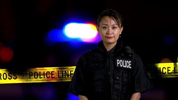 亚裔美国女警察微笑着在犯罪现场与警报器的背景垃圾摇滚的样子