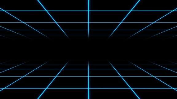 复古未来的80年代合成波网格科幻背景蓝色霓虹灯网格和线条80年代的数字网络表面风格
