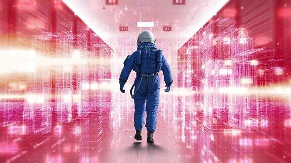 行走的宇航员探索高科技服务器室与人工智能