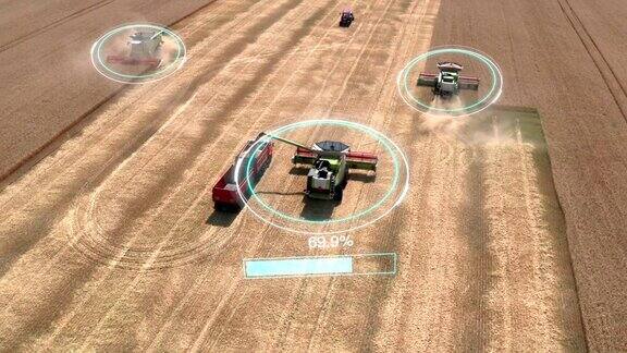 自动驾驶收割机在麦田上收割庄稼航拍视频