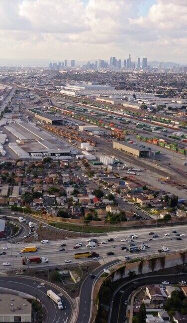 无人机视图的工业城市景观附近的洛杉矶与仓库和航运