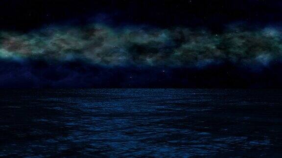 夜晚的海洋与蓝色星云和流星的背景