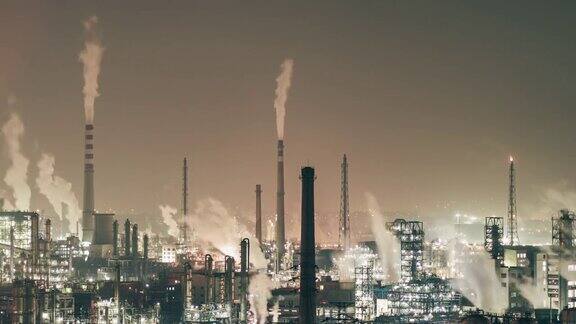石化工厂和炼油厂夜间鸟瞰图
