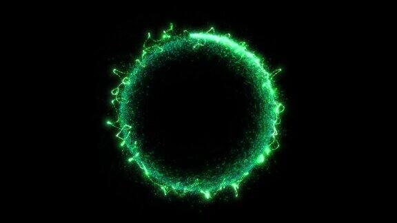 无缝循环动画的圆形绿色门户由粒子和能量爆发隔离在黑色背景和alpha亮度哑光VFXCG4k