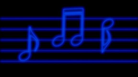 动画的蓝色发光的音乐音符在霓虹灯他们跳跃的节奏循环背景