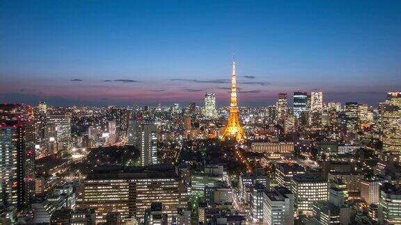 东京市东京塔黄昏景观延时摄影