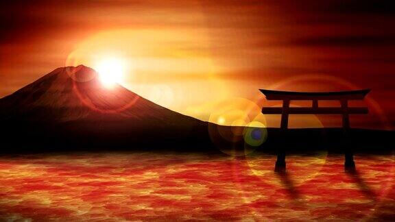 日本的红鸟居门湖上的富士山循环动画