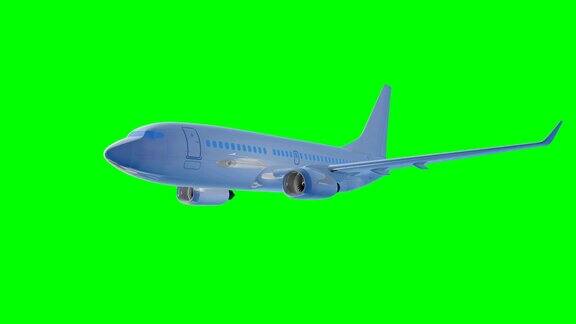 在绿色背景上飞行的飞机三维渲染