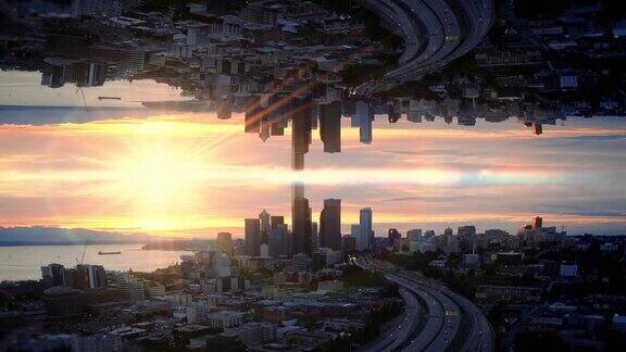 摘要:日落时水岸城市上空的镜像高空坍塌