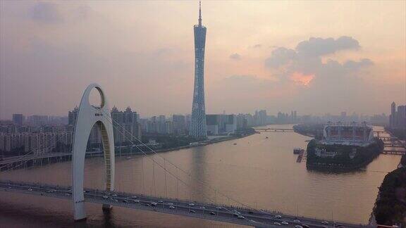 日落天空广州市广州塔猎德桥河航拍全景4k