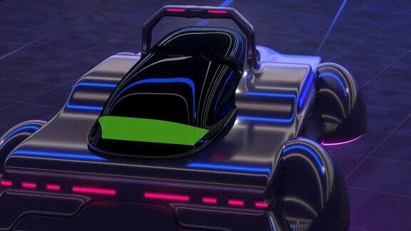 后面装着4K赛博朋克飞车假3D游戏车赛博朋克的快速游戏车发光的紫色和粉红色未来主义的背景