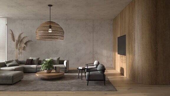 斯堪的纳维亚风格的室内公寓客厅设计采用波西米亚自然木家具3d渲染视频动画场景