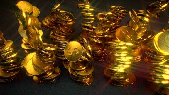 掉落的堆闪闪发光的黄金硬币3D渲染动画