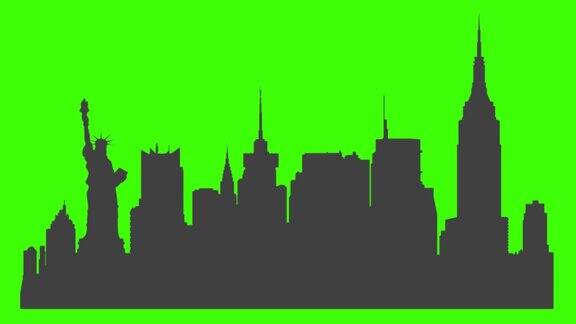 纽约地标的图标突然出现在绿色屏幕上