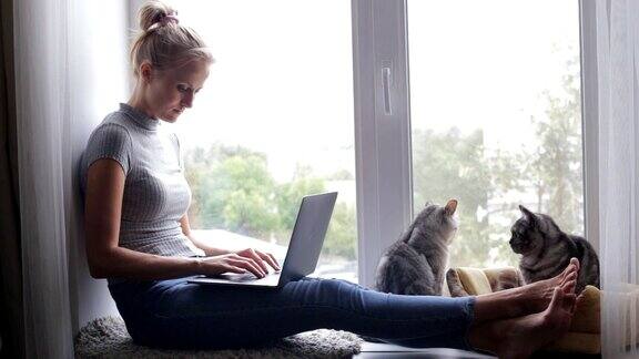 美丽的女人用笔记本电脑和她的猫坐在窗台上