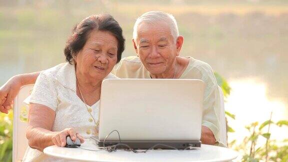 快乐的老年夫妇带着笔记本电脑在户外