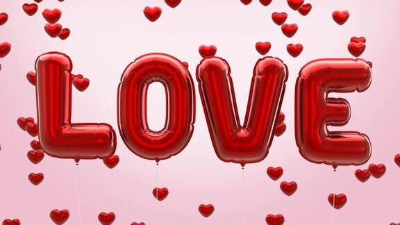 用红色气球衬托出的“爱”字样漂浮在屏幕中央红色的心落在粉红色的背景上爱情情人节结婚纪念日3d渲染