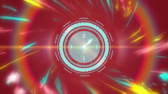 时钟在红色背景上的光迹上移动的动画