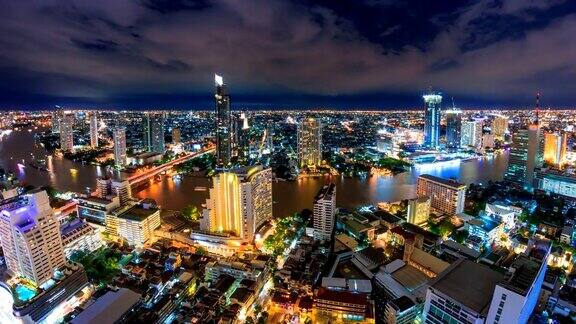 空中曼谷夜景泰国湄南河4K时间流逝(缩小)