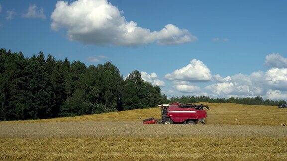 联合收割机正在农场收割小麦