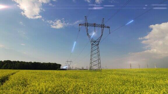 电线杆和电线在晴朗的蓝天和云发光的电脉冲通过高压电线传输传输电能