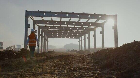 SLOMO女建筑承包商早上步行到建筑工地