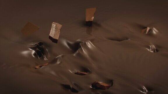 在4K超级慢动作中巧克力碎片溅入液态黑巧克力