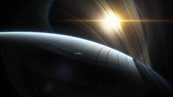 宇宙飞船飞过土星的大气层太阳透过土星环照射进来土星是太阳系中一颗巨大的行星有着美丽的光环行星附近的小行星场