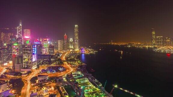 中国夜灯香港城市屋顶交通湾全景