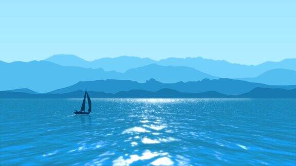 以蓝山为背景的海上航行