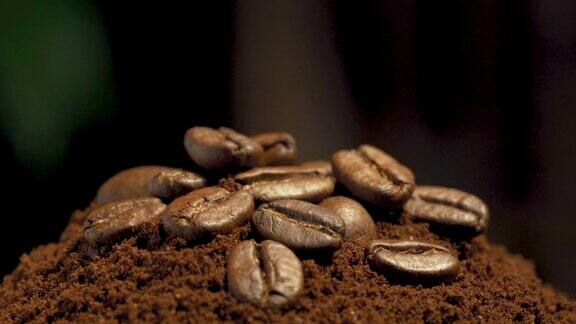 咖啡豆和咖啡粉堆微距缩放4k
