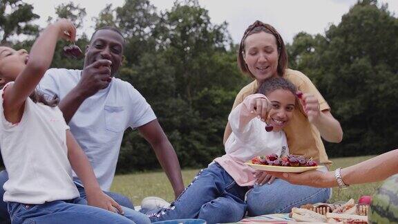 幸福的一家人在公园的野餐毯子上吃樱桃