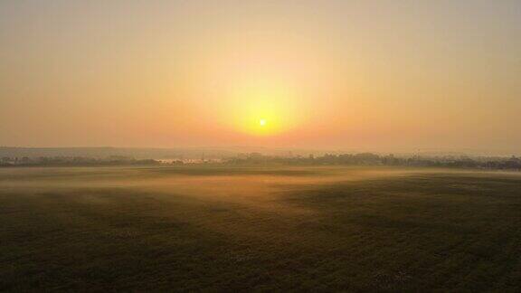 空中景观的阳光早晨在雾蒙蒙的绿色田野