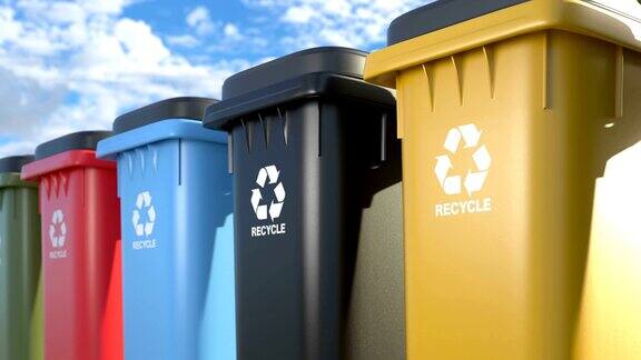 彩色塑料垃圾桶与标志循环循环的动画在蓝天的背景象征回收利用、垃圾分类、拯救环境
