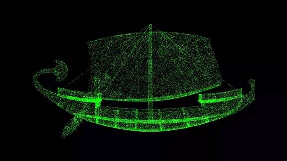 三维古船厨房旋转黑色bg历史科学概念用于标题文本演示闪闪发光的粒子3D动画60F