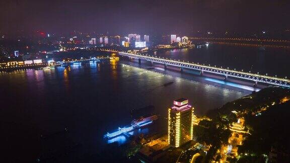 中国夜景时间照亮武汉长江大桥航拍全景4k时间流逝
