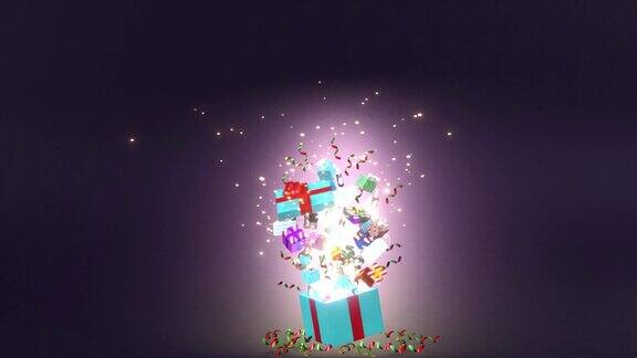 在4K分辨率的紫色背景下圣诞礼物从纸屑和派对彩带的礼盒中飞溅出来