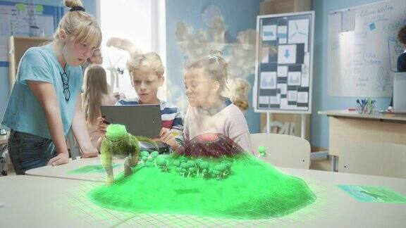 不同的学生使用数字平板电脑和增强现实软件看教育3D动画-恐龙行走在活火山岛上特效特效渲染