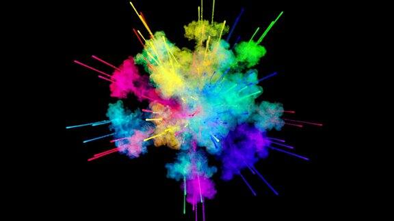 爆炸的火药孤立在黑色背景3d动画的粒子作为彩色的背景或覆盖效果迸发出彩虹般的色彩粉饼呈现出明亮如胡里节1