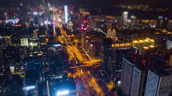 夜间时间深圳市区交通街道航拍全景4k倾斜移位时间推移中国