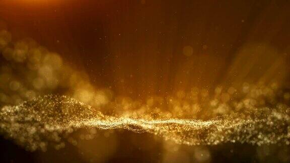深棕色背景数字签名与粒子波光粼粼的波窗帘和区域与深度粒子是金色的光线