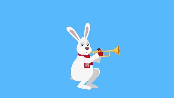 卡通小圣诞兔子扁平人物音乐演奏喇叭动画包括亮度不光滑的
